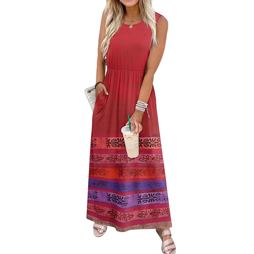 Ladies' Floral Print Casual And Fashionable Waist Cinched Sleeveless Dress
