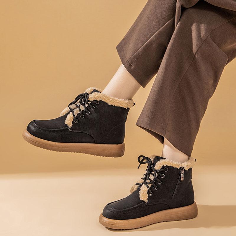 Women Snow Boots Genuine Leather Winter Boots Lace-up Lamb Wool Warm Winter Ladies Shoes Round Toe Flat Short Boots WSH5243