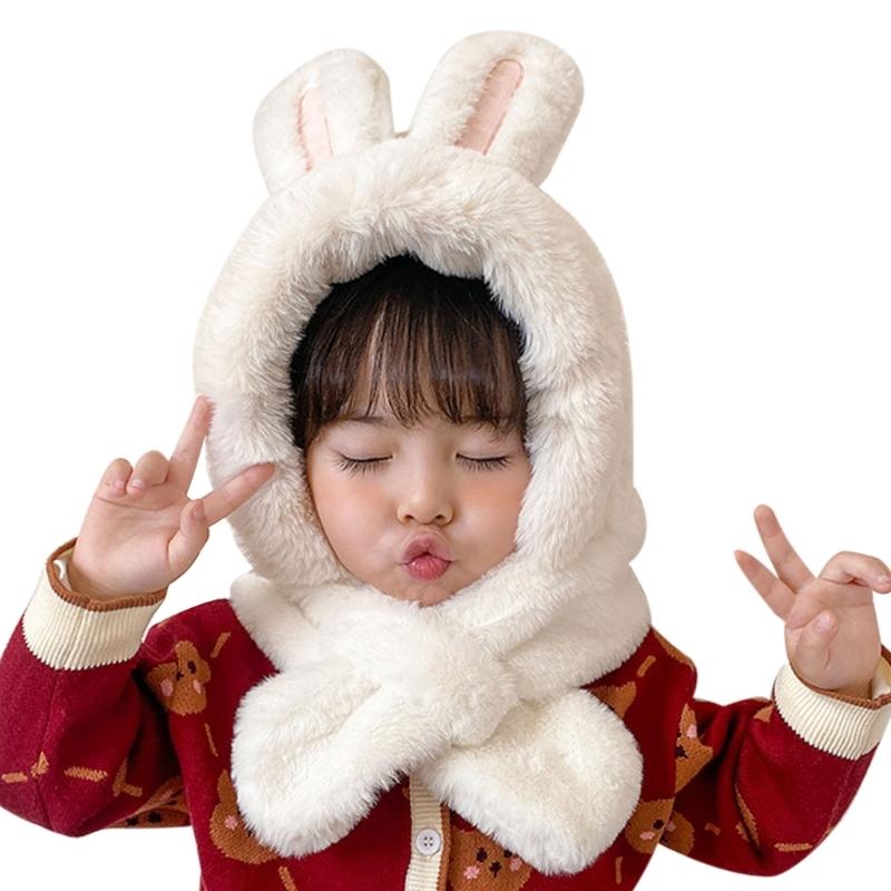 Kids Winter Hat Warm Plush Scarf Hats Thick Earflap Hooded Caps with Rabbit Ears Decoration for Boys Girls Ages 3-8