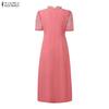 ZANZEA Women Casual Round Neck Short Sleeve Summer Lace Patchwork Long Dress