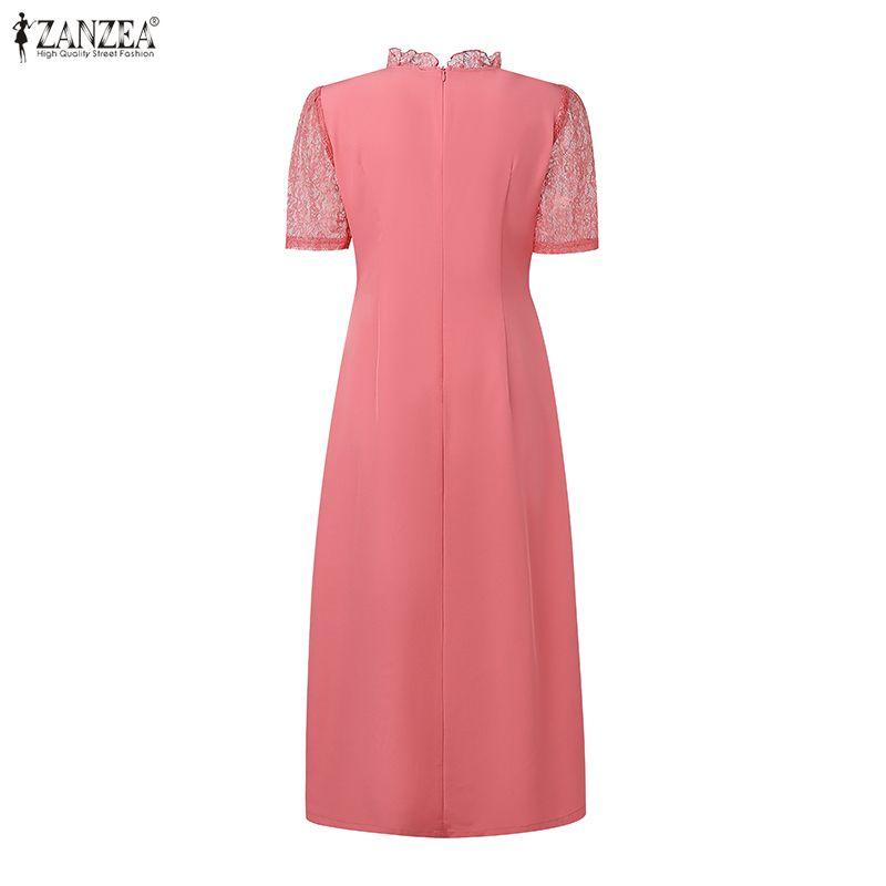 ZANZEA Women Casual Round Neck Short Sleeve Summer Lace Patchwork Long Dress