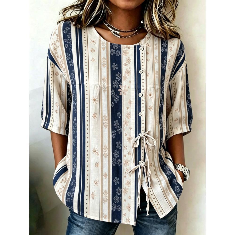 Women's Neutral Floral & Stripe Print Button & Tie Front Blouse, Casual Stylish Top for Spring Summer Daily & Versatile Wear