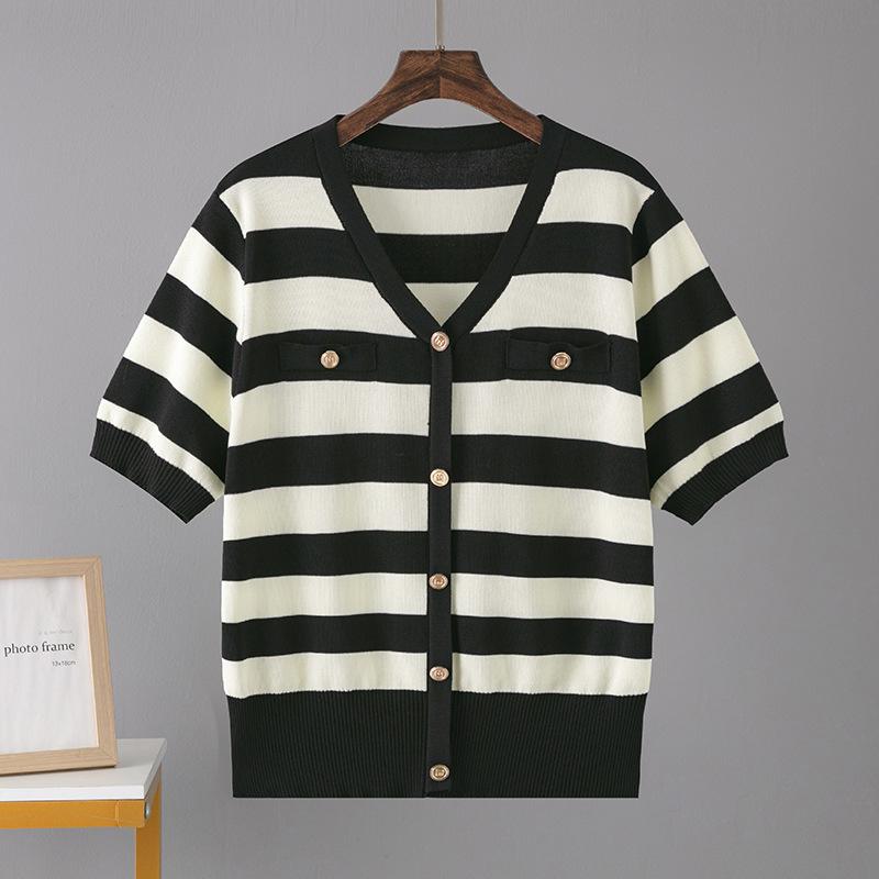 Sommer Damen T-Shirt Plus Size Eisseide Atmungsaktive Abdeckung Bauch Strickshirt Gestreifte Dünnschliff V-Ausschnitt Kurzarmbluse