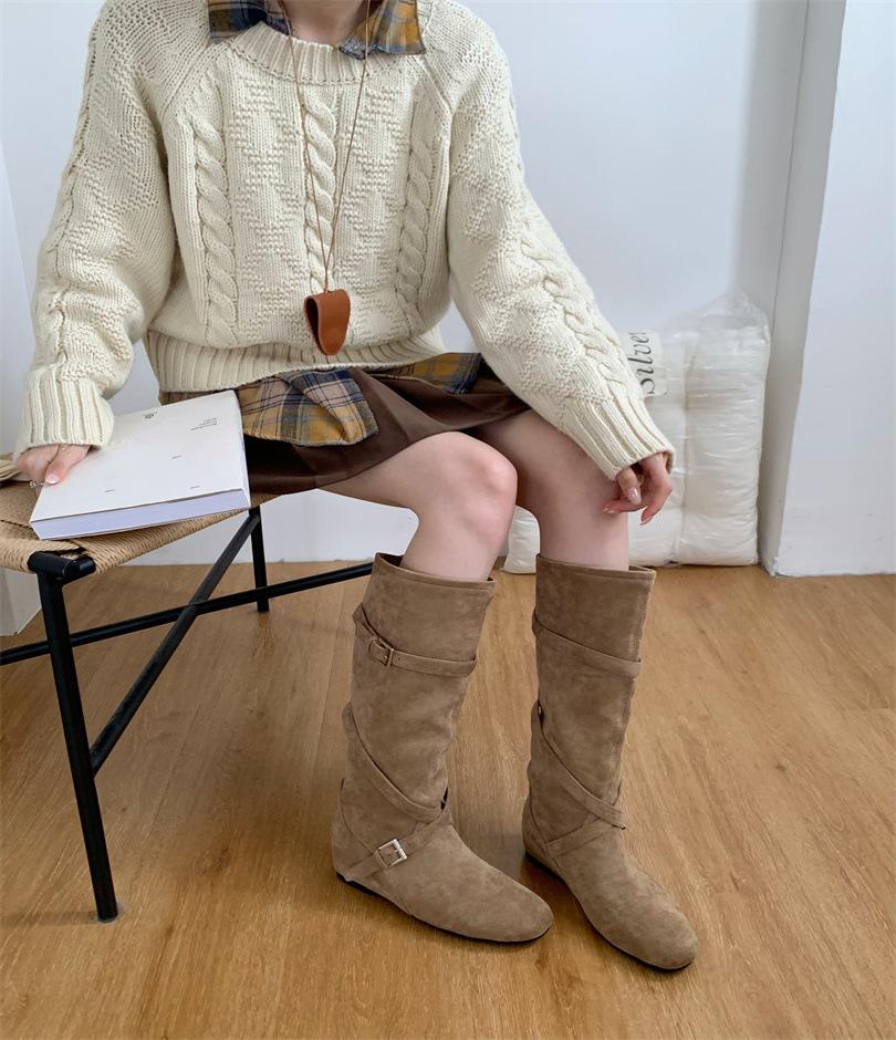 2025 Autumn High-quality Handmade Stacking Boots But Knee Round Head Boots Inner Height Increase Relaxation Suede Boots Women