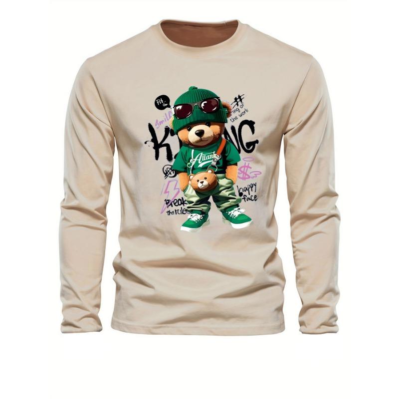 Men's loose and comfortable sports casual fashion cartoon bear print round neck long sleeved T-shirt top