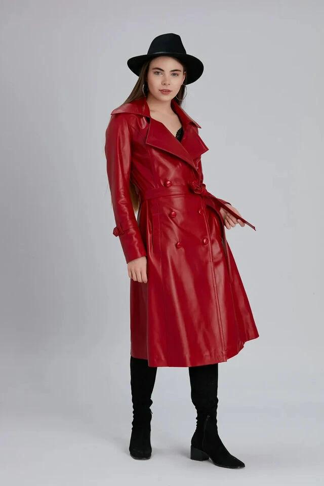Trench Coat Real Lambskin Stylish Long Coat Handmade Formal RED Women Leather