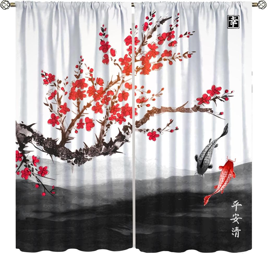 Japanese Style Blackout Curtain,Sea Wave Cherry Blossom Crane Ocean Bird Themed Watercolor Curta For Dining Room Cafe Living