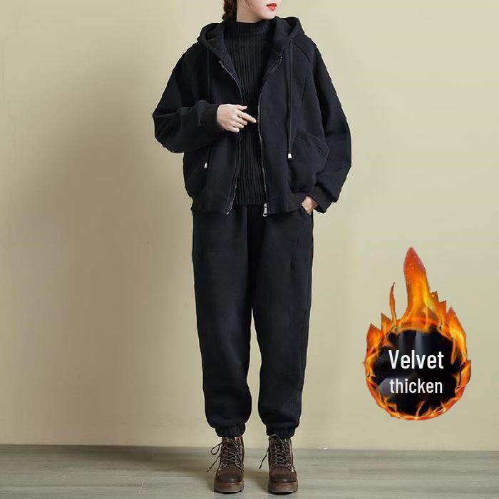 

Женский плюшевый и утепленный спортивный костюм-двойка – свободный худи с капюшоном и брюки для осени/зимы 2XL