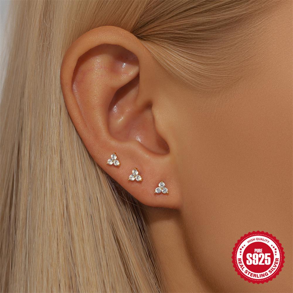 S925 Sterling Silver Delicate Four-Petal Flower Five-Petal Flower Flat Bottom Piercing Thread 5.6.8 Mm Bar Piercing Earrings Set
