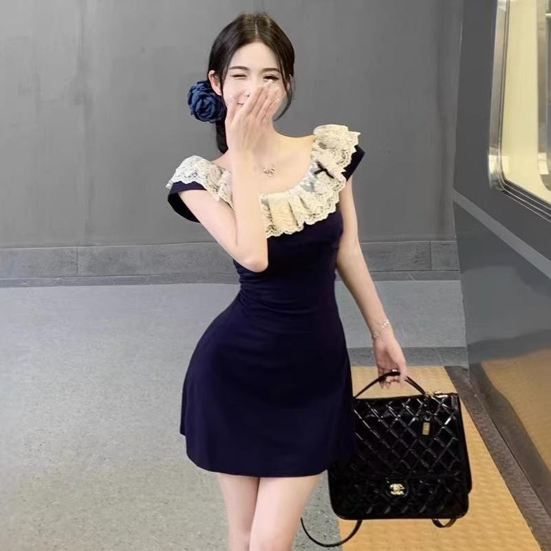 Korean Version of Pure Desire Style Loose Collar Spice Girl Short Skirt Summer New Temperament Lace Splicing Design Waist Dress