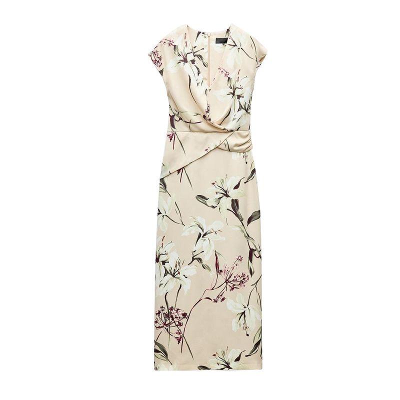 

Spring New Women s Clothing Vacation Style Flower Print Silk Satin Texture V-neck Short Sleeve Dress 2497145 Multicolor L