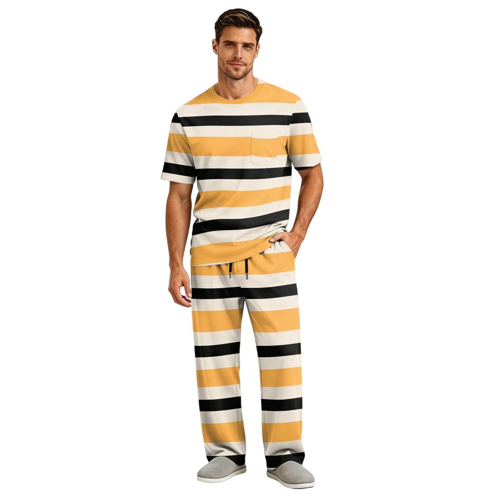 Men's Short Sleeve Pajama Set with Long Pants, Button Crotch, Elastic Waist Drawstring - Comfortable Sleepwear