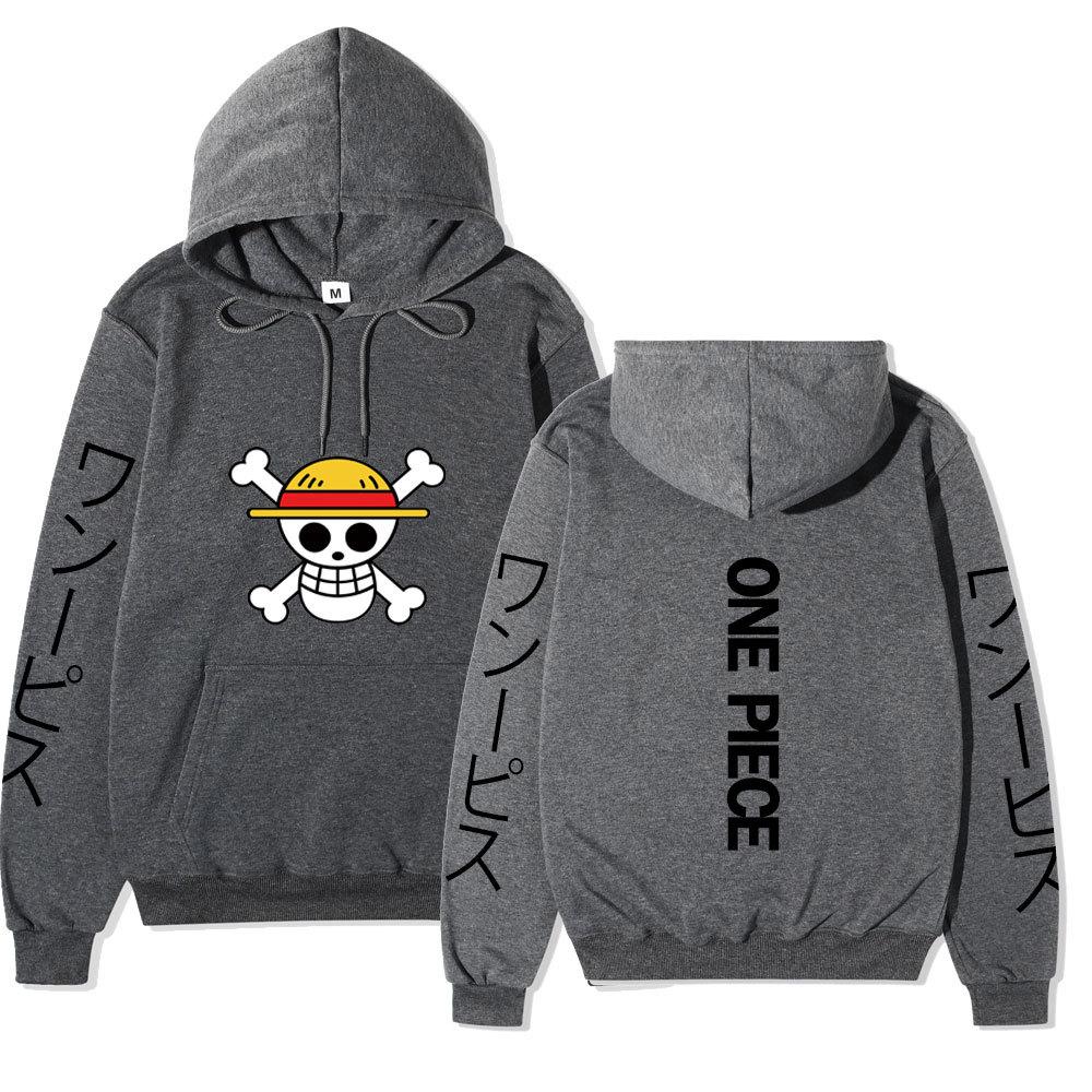 One Piece Straw Hat Jolly Roger Hoodie, Japanese Letter Sleeve Print Pullover Sweatshirt Unisex Casual Streetwear