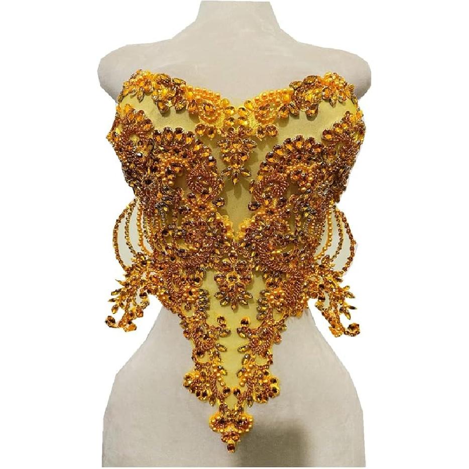 Handmade red/Blue/Gold/Green Rhinestones Lace Bodice Applique Sewing Beads Crystal Trim Patches Accessory for Dress Clothes (Light Champagne)