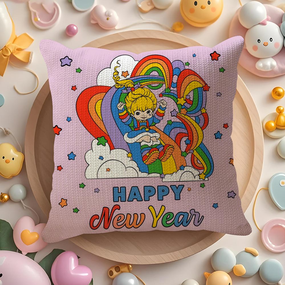 R-Rainbows Cute Brite Cushion Cover Linen Organic Fabric Double-Sided Printing Breathable Pillow Case Sofa Home Decor Gift