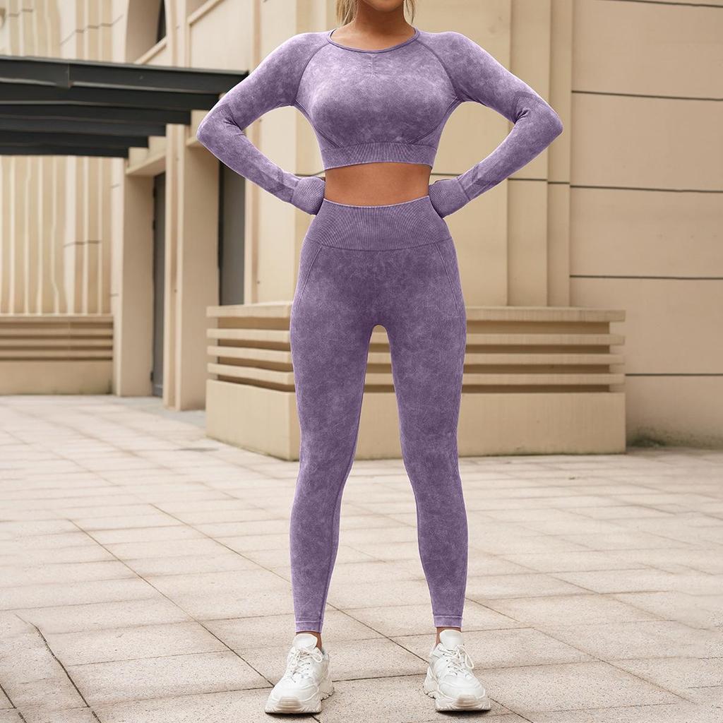 Women's European & American Washed Yoga Set: Long Sleeve Top and Slim Fit Pants, Two-Piece Fitness Outfit.