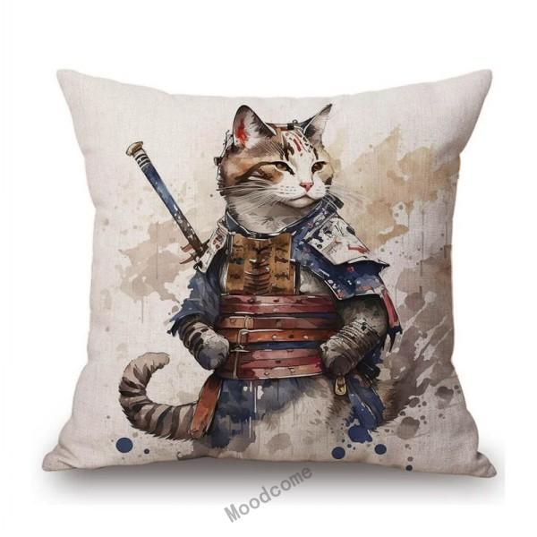Funny Cute Cat Samurai Catoon Home Decorative Sofa Throw Pillow Case Cotton Linen Car Chair Cushion Cover