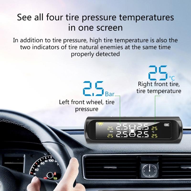Wireless External Tire Pressure Monitoring System Color Screen Solar USB Double  Charging Vehicles Tire Pressure Monitor