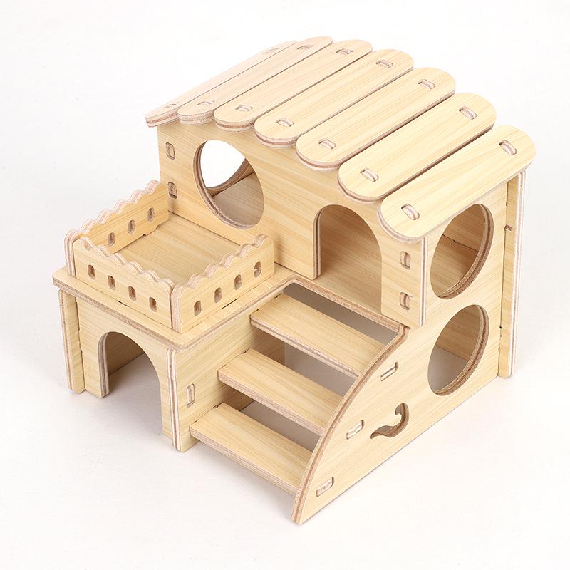 Solid Wood Hamster House with Stairs - Single or Double Layer Nest for Sleeping and Play
