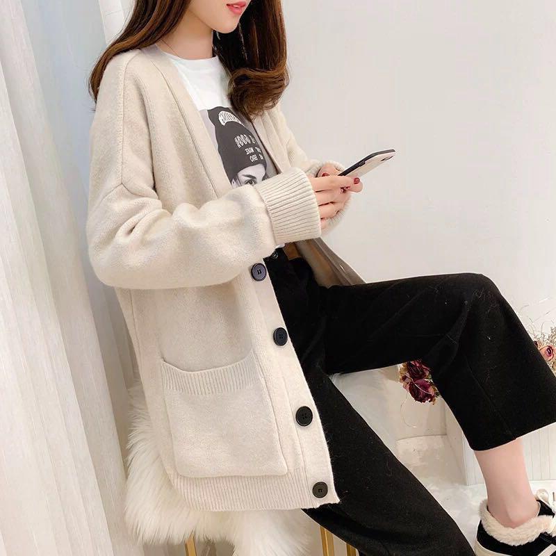 2025 Korean Style Women's V-Neck Knitted Cardigan: Loose-Fit, Solid Color, Single-Breasted with Pockets