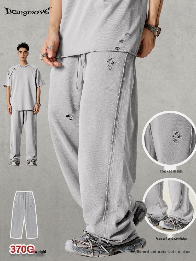 Spring Men's Distressed Wide-Leg Sweatpants - European & American Style, Frayed, Loose Fit, Casual Long Pants.