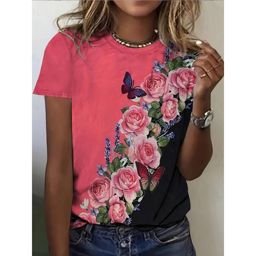 Women's Summer Round Neck Temperament  Breathable Short-sleeved Retro Floral Pattern Top Loose Casual Wear