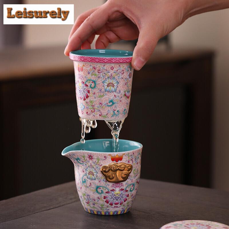 Emaillefarbenes Blumen-Reise-Teeset-Kit Handgefertigt 1 Kanne 2 Tassen Teekannen-Werkzeuge Camping Reise Tragbare Handtasche Teezeremonie Geschenk