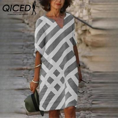 Vestido de cáñamo de bambú con cuello en V, estampado a rayas, manga media, corte en A