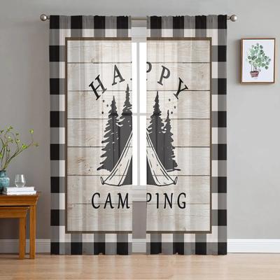 Plaid Retro Camping Tent Tulle Curtain Home Office Window Decor Bedroom Kitchen Balcony Modern Sheer Curtain