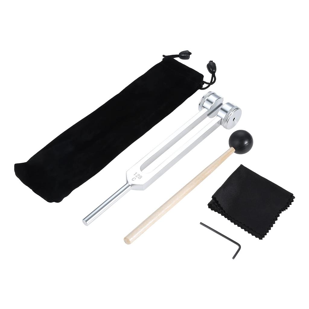 Dreld 128Hz Tuning Fork with Tuner, Rubber Mallet, Silicone Hammer Bag and Cleaning Cloth, Aluminum Alloy, for Sound Healing, Musical Instrument,