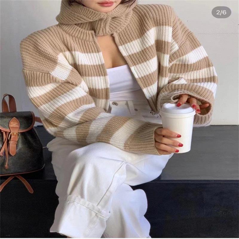 Striped Color Blocked Short Knitted Cardigan Autumn and Winter Round Neck Zipper Sweater