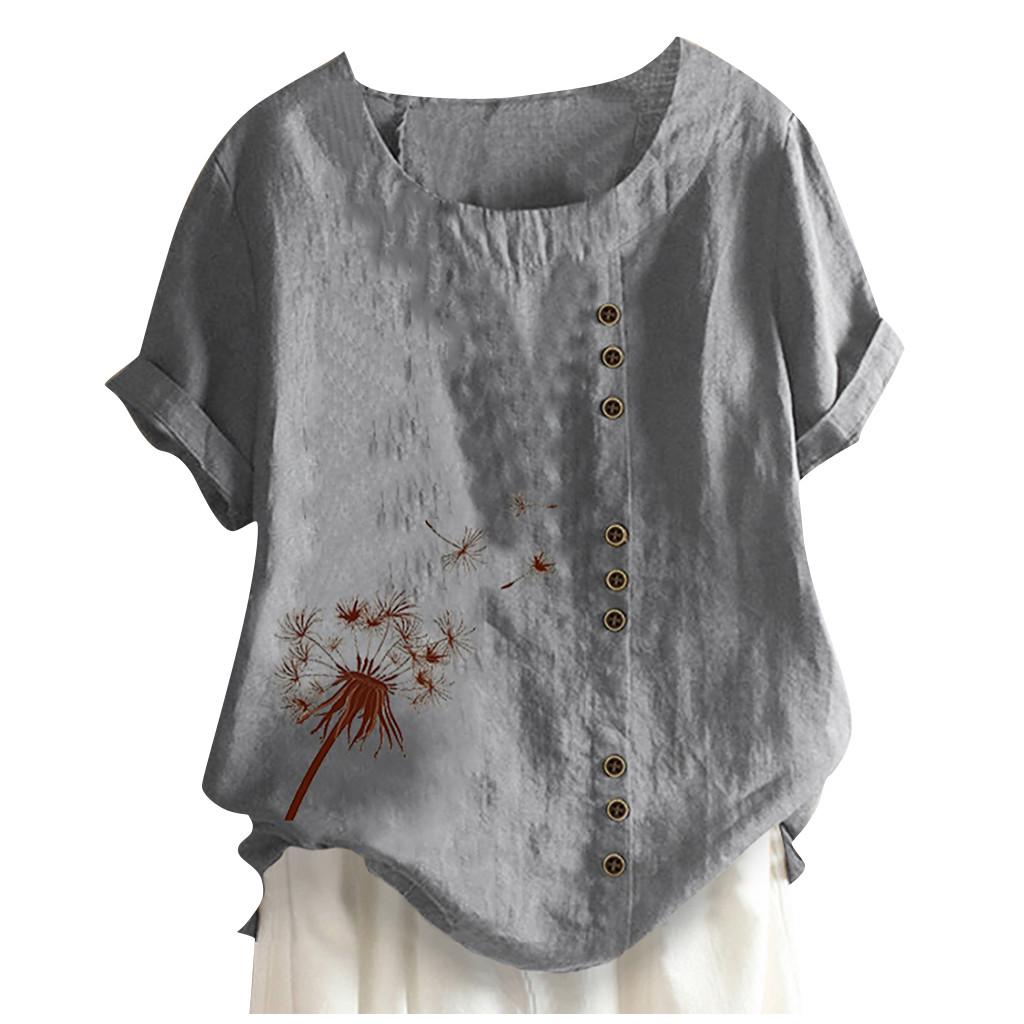 Kvinner Knapper Kortermet Blomstertrykk Knapper Bomull Lin Vintage Topp