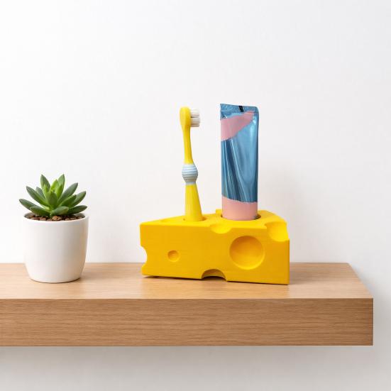 3D Printed Toothpaste Storage Rack, Cheese Shaped Toothbrush Holder, Moisture-Proof Multi-Sized Holes Organizer for Bathroom