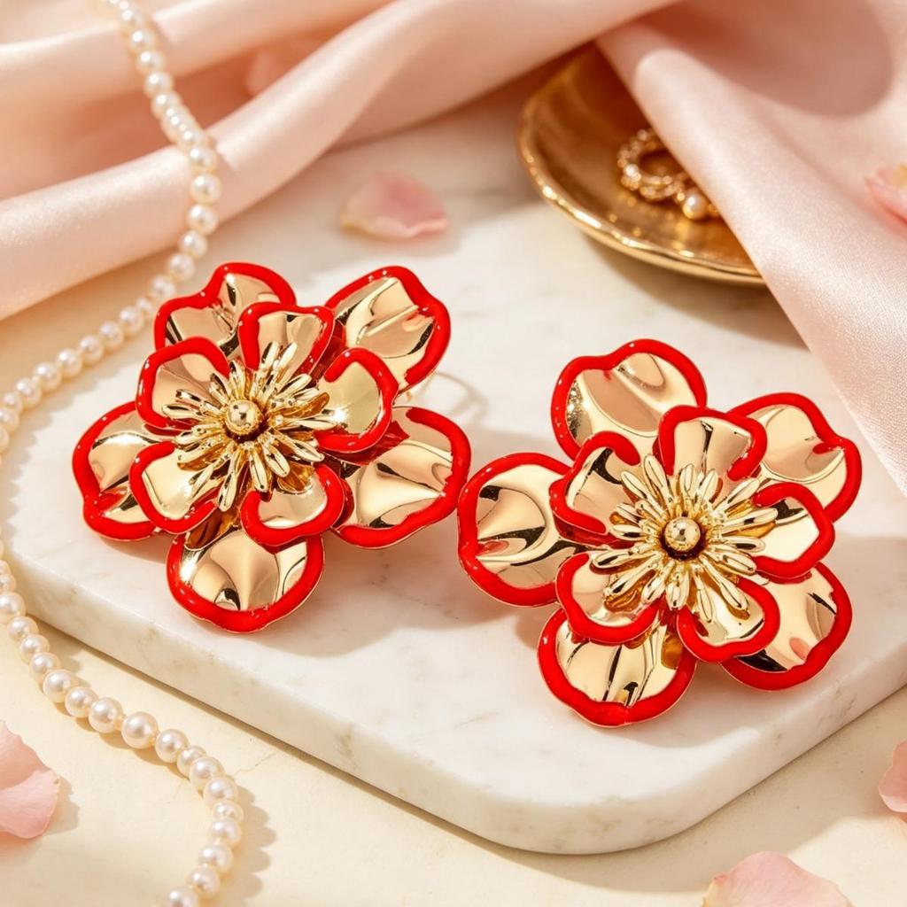French-Inspired Unique Petal Pearl Flower Stud Earrings – Elegant & Versatile Design.