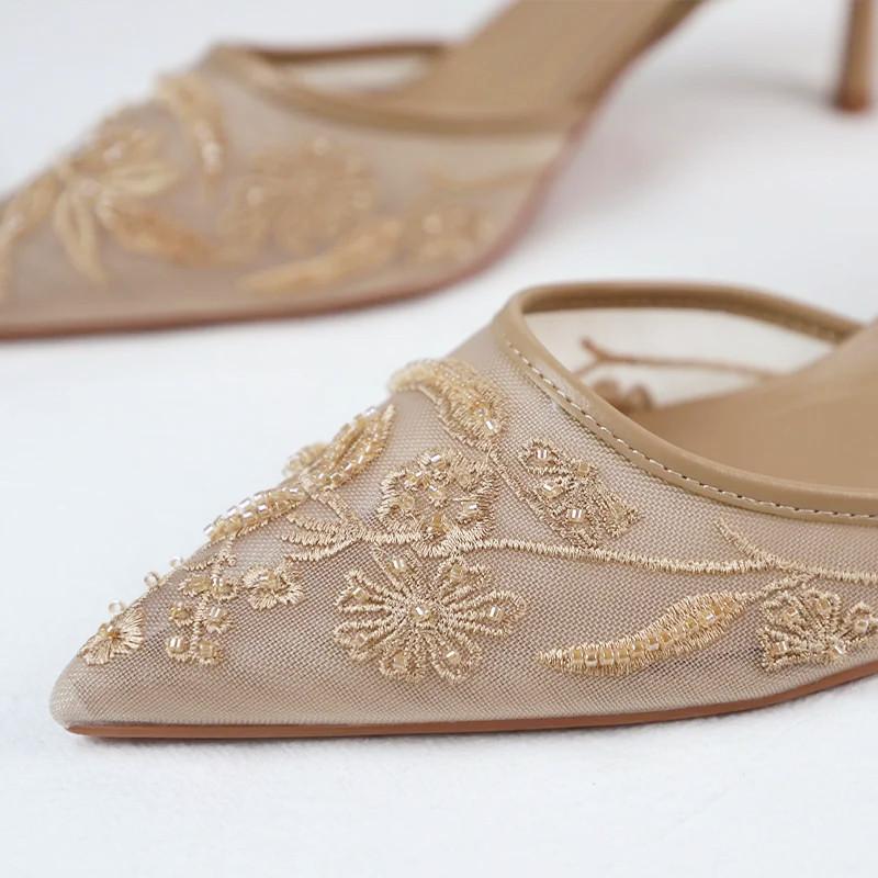 Fashion Luxury Mesh Embroidery High Heels Women Sexy Pointed Toe String Bead Slingback Heeled Sandals Summer Elegant Banquet Dress Shoes