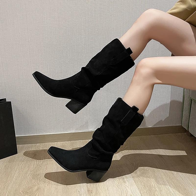 Fashion New Women's Retro Long Boots for Spring Fashion, Suede Midsole Stacking Boots, Thick Heel Square Toe Oversized Denim Boots