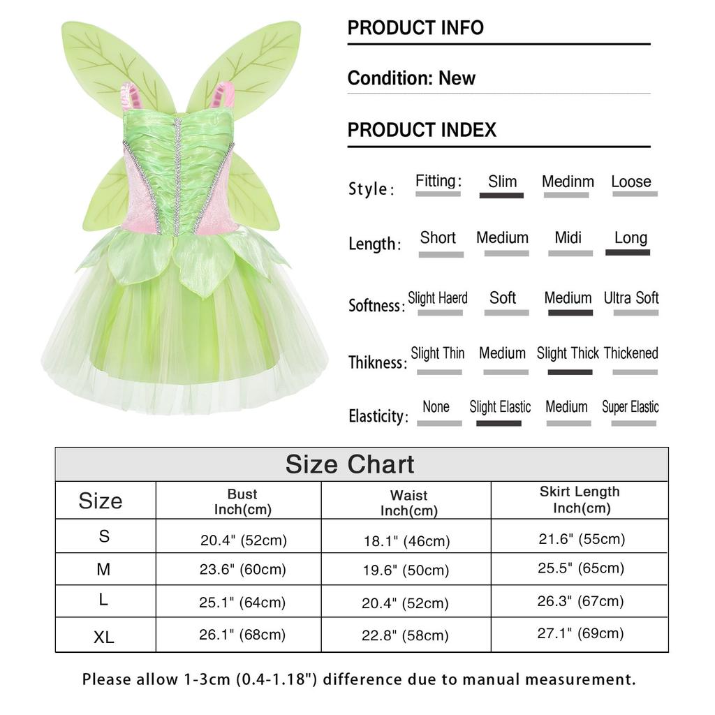 Princess Fairy Costume, Tinker Bell Elf Green Butterfly Wings Accessories, Size M for 7-8 Years, Cosplay Outfit