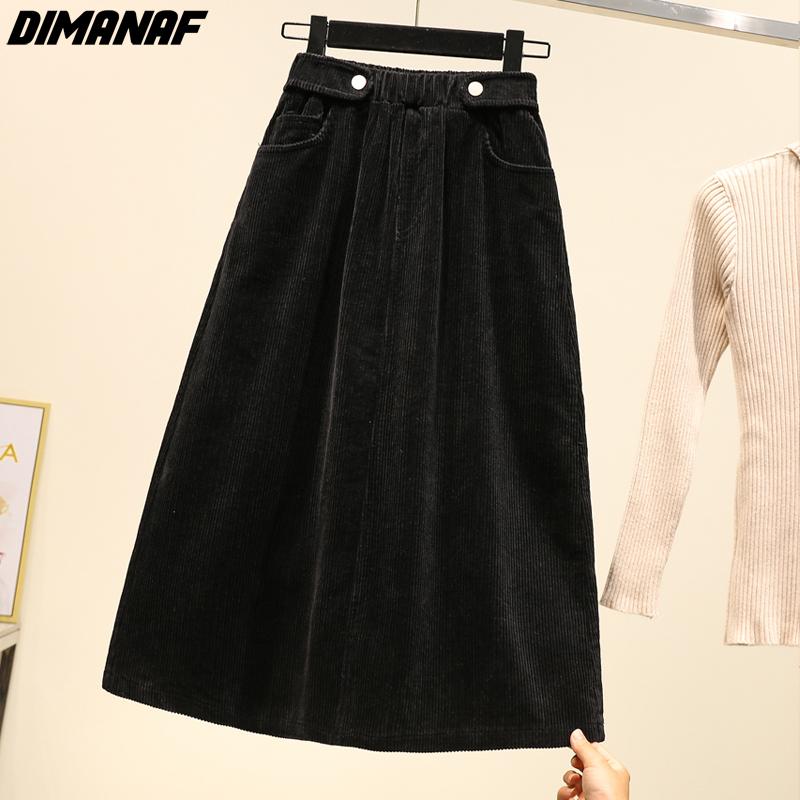DIMANAF 2025 Plus Size Women Skirts Female Autumn Elastic Basic Corduroy High Slit Oversize Fashion Japanese Dress