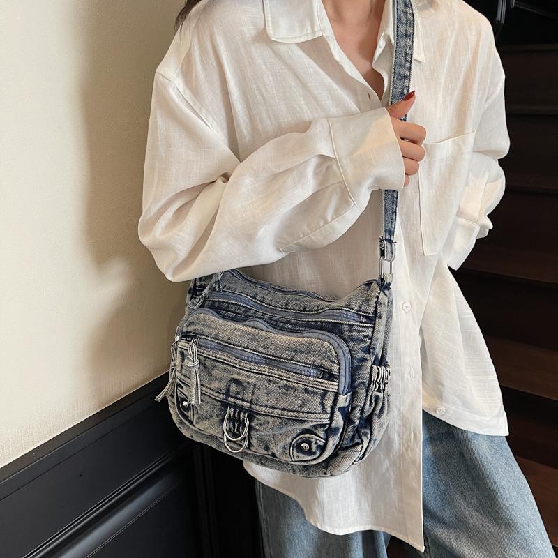 Vintage Denim Crossbody Bag Multi-Pocket Women's Shoulder Bag