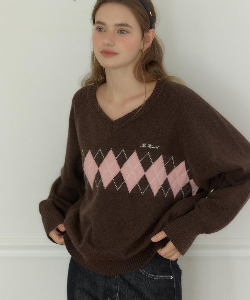 OURHOPE V-Neck Argyle Knit - Brown