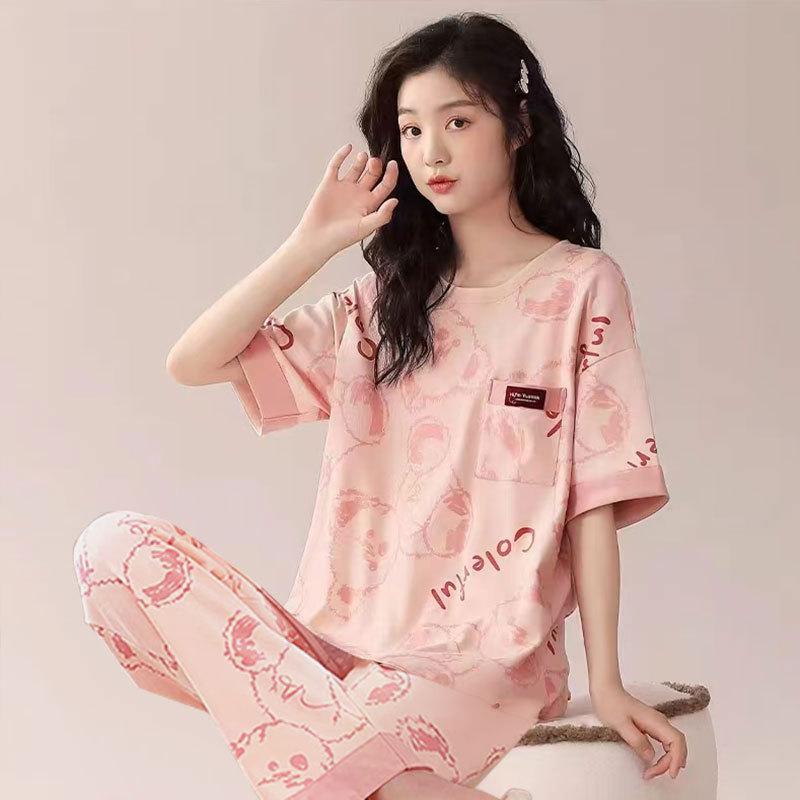 Summer Cool Soft Cute Cartoon Crayon Small New Pajamas Women's Round Neck Short-sleeved Trousers Set Skin-friendly Outer Loungewear