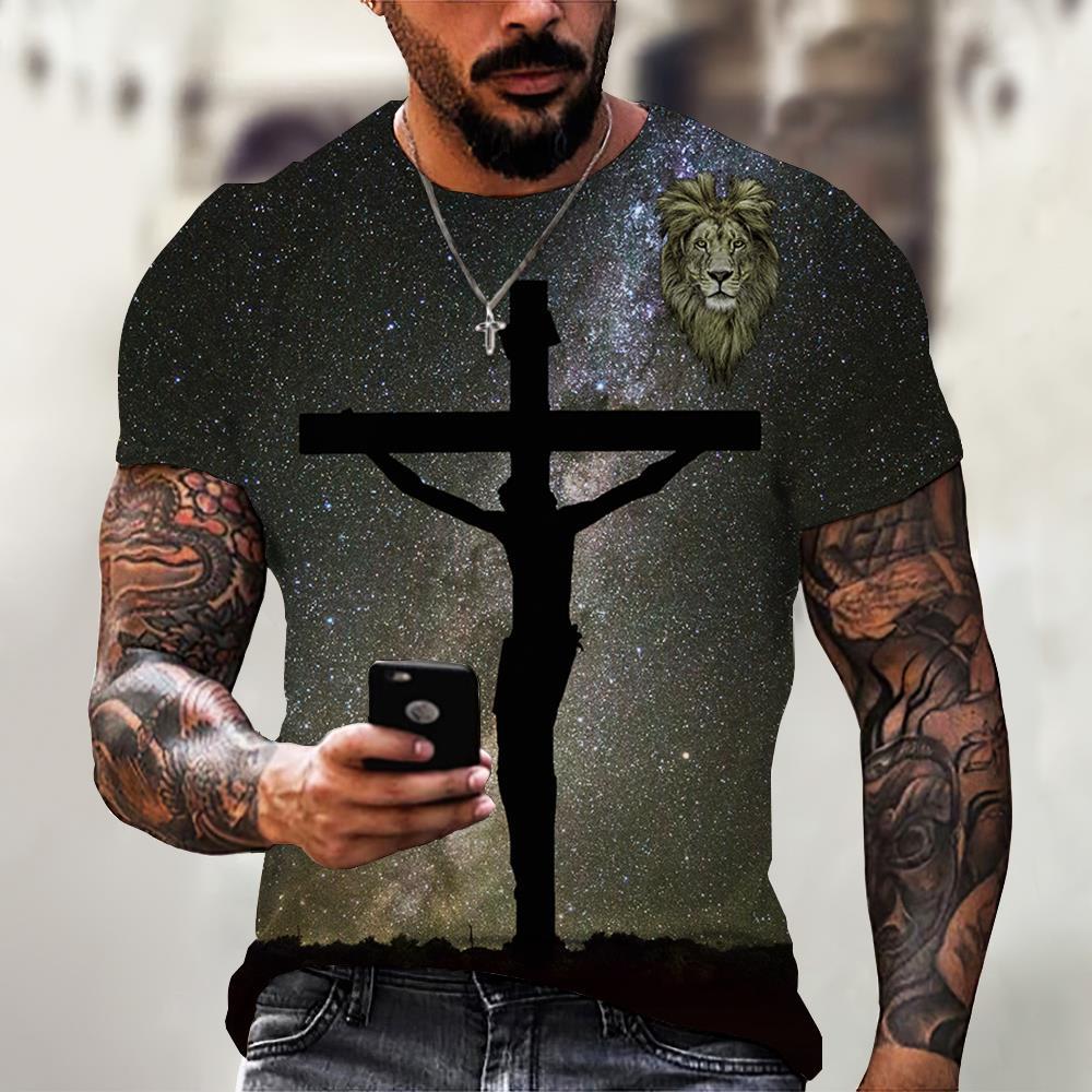 Jesus-Muster Löwe 3D-Druck Sommer Herren O-Ausschnitt T-Shirt Lässig Kurzarm Oversized Pullover Mode Streetwear Herrenbekleidung
