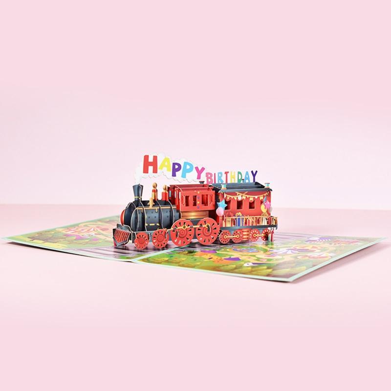 Train 3D Greeting Card Happy Birthday Card with Envelope Creative Fathers Day Gift for Dad Grandad Husband