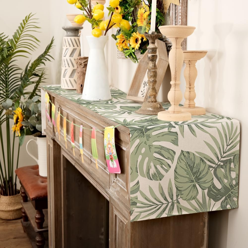Tropical Palm Leaf Linen Table Runner Home Decor Washable Summer Green Leaves Plants Kitchen Dining Table Runners Party Decor