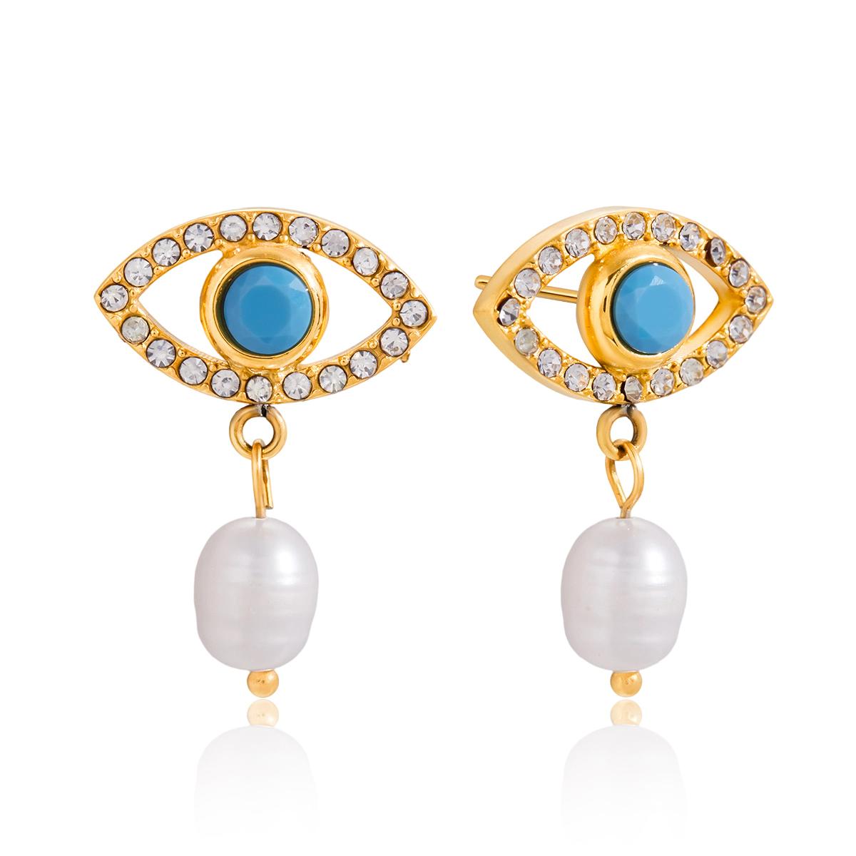 

Yori Fashion White Zircon Blue Turquoise Devil s Eye Freshwater Pearl Earrings Popular Daily Classy Waterproof Jewelry Accessory