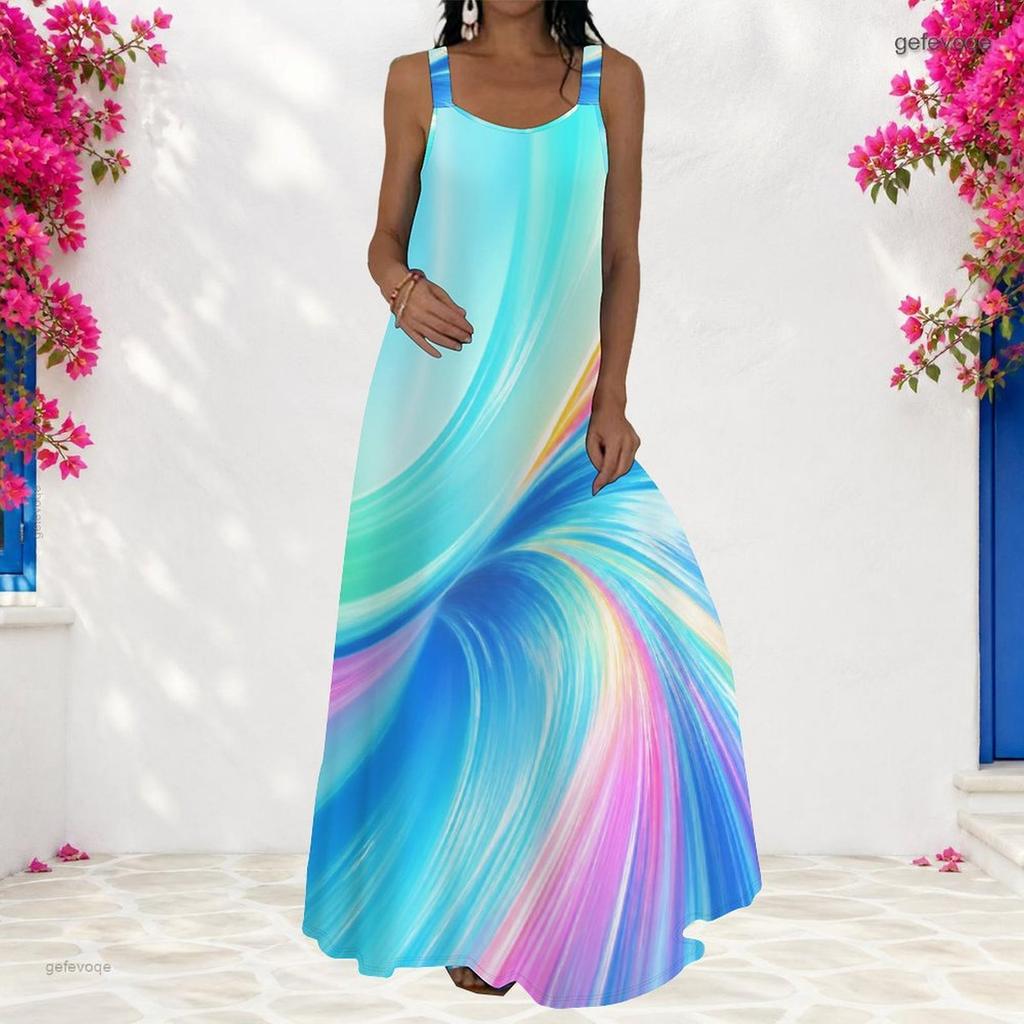 Women Plus Size Scoop Neck Strappy Sleeveless A Line Printed Bright Blue Maxi Dress