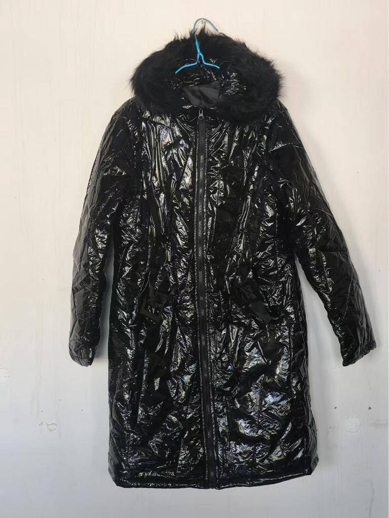European & American Mid-Length Shiny PU Fur Collar Slim Fit Cotton Jacket 2024 - Fashionable, Warm Coat for Women.