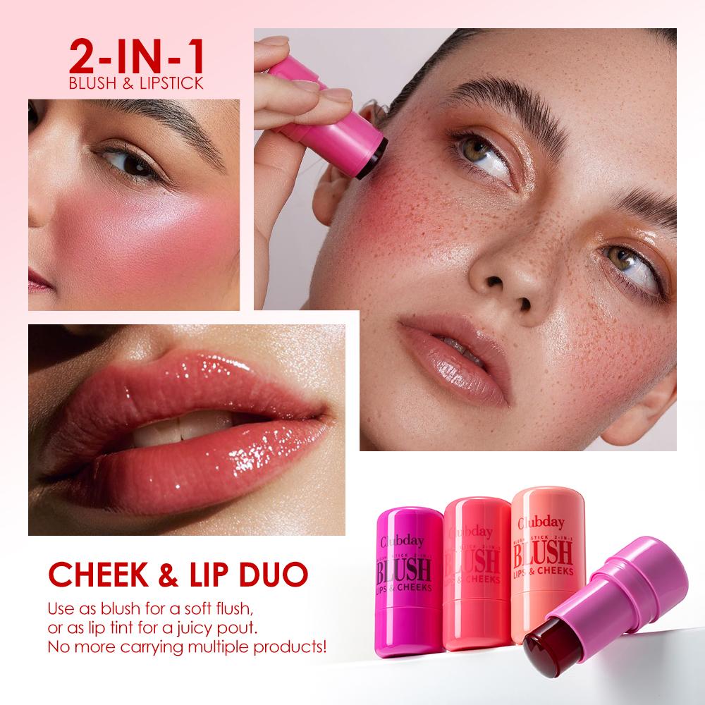 Clubday Bastão de Blush Cremoso 2 em 1 para Lábios e Bochechas - Creme de Blush Hidratante, Bastão de Maquilhagem com Cor e Glow Multiuso, Esfumável e de Longa Duração