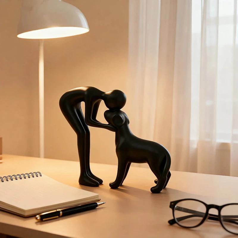 Abstract Art Man and Dog Sculpture Black Resin Figurine Healing Home Decor Accent for Pet Lovers