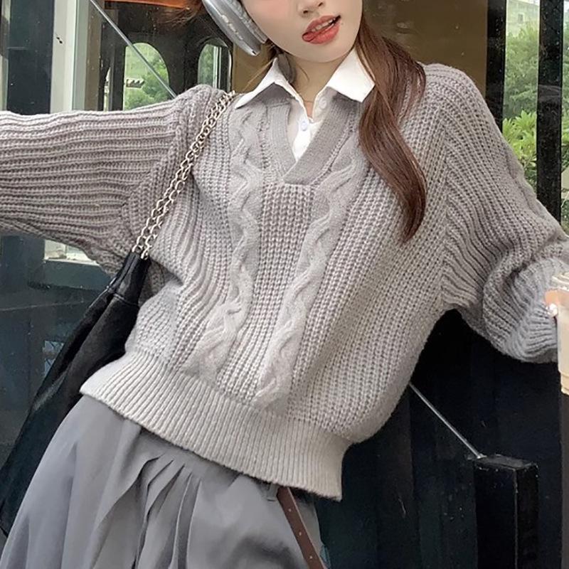 Women's College-Style Two-Piece Twisted Knit Sweater - Loose Fit, Long Sleeves for Autumn